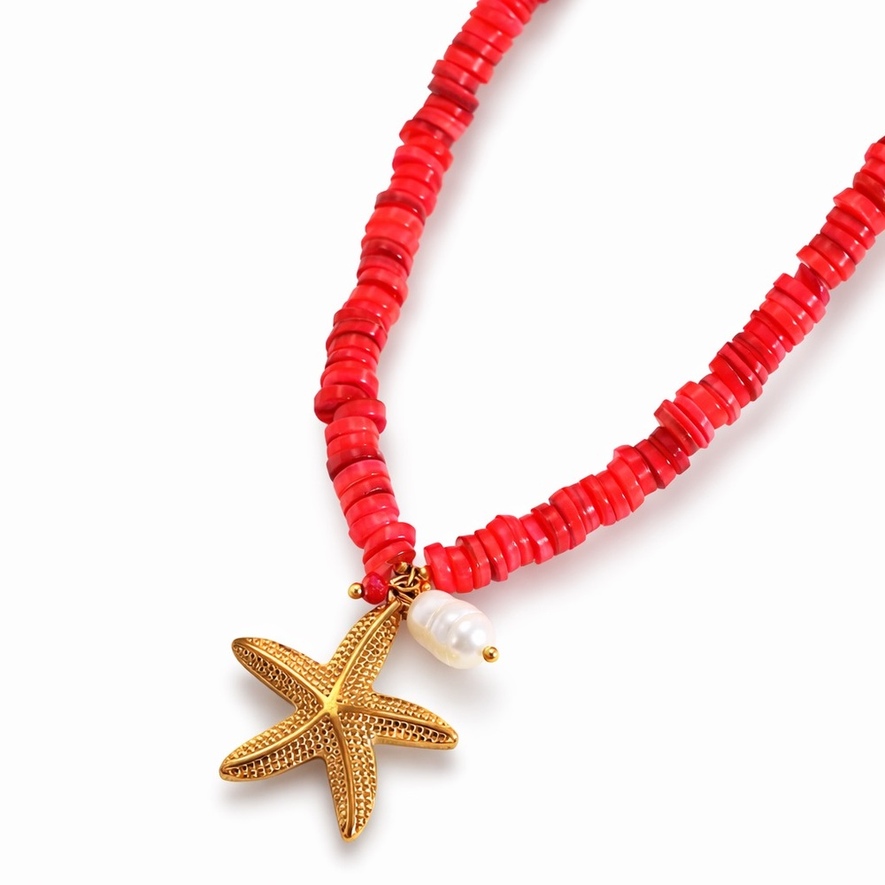 Coral Red Beaded Necklace with Gold Starfish Pendant